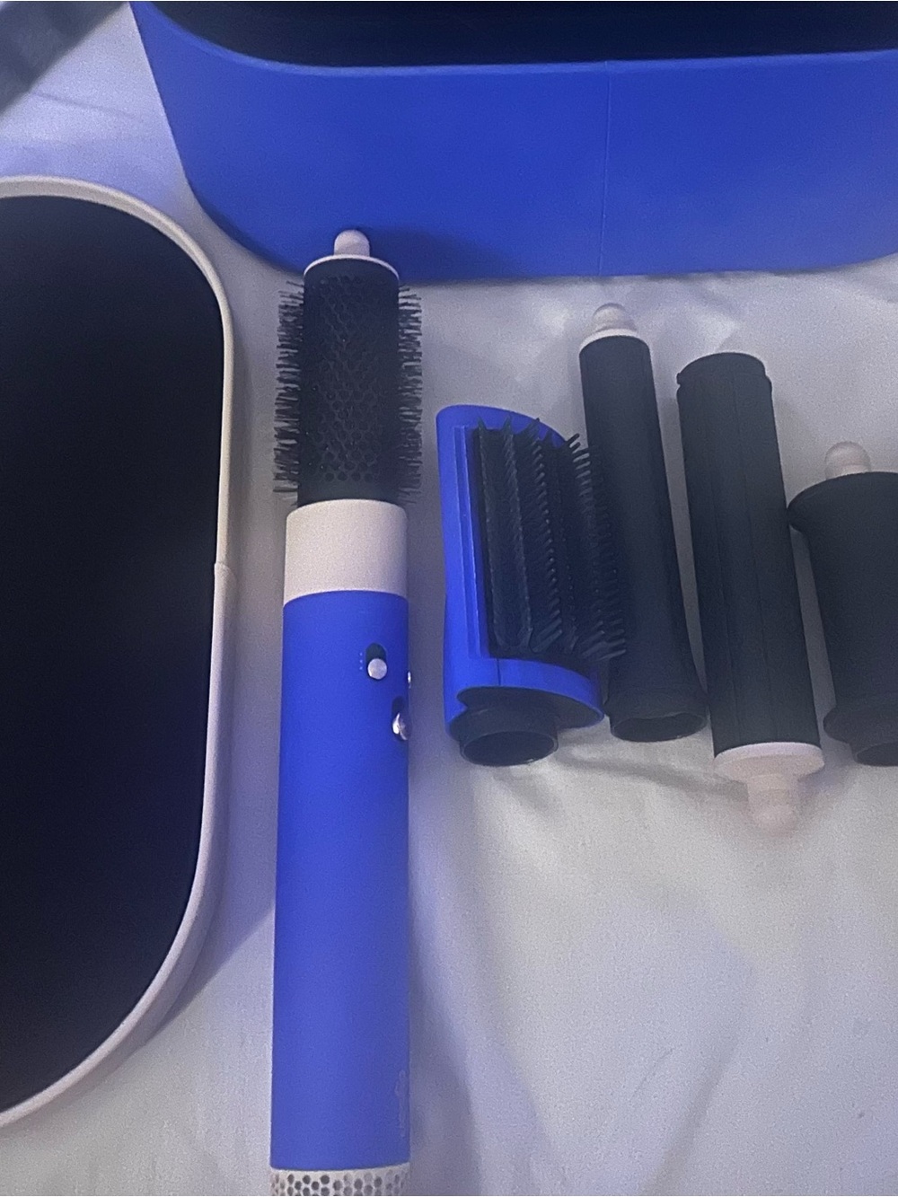 Dyson Blue Hot Air Styling Brush with Multiple Black Attachments